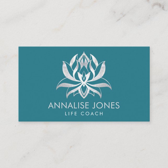 Elegant Pearl Lotus Flower on Teal Blue Business Card (Front)