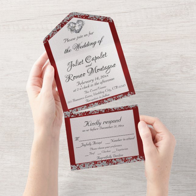 Elegant Pearl, Red Ribbon & Glitter Borders All In One Invitation (Tearaway)
