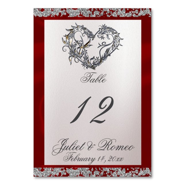 Elegant Pearl, Red Ribbon & Sparkle Table Number (Front)