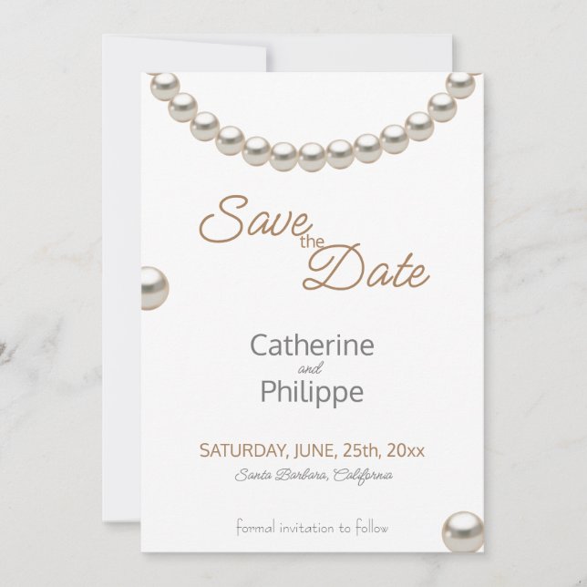 Elegant Pearl Wedding Save the Date Invitation (Front)
