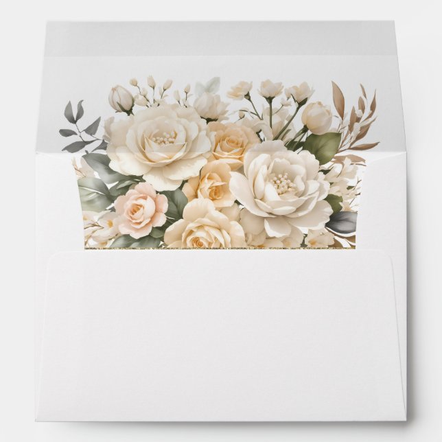 Elegant Pearl White and Ivory Rose Wedding  Envelope (Back (Bottom))