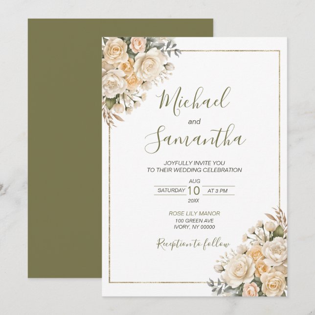 Elegant Pearl White and Ivory Rose Wedding  Invitation (Front/Back)