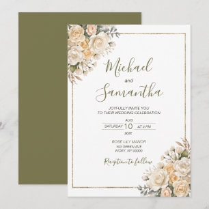 Elegant Pearl White and Ivory Rose Wedding  Invitation