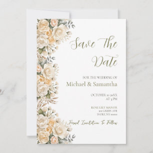 Elegant Pearl White and Ivory Rose Wedding Save The Date