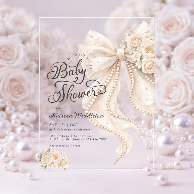 Elegant Pearl White Bow Floral Baby Shower Acrylic Invitations (Creator Uploaded)