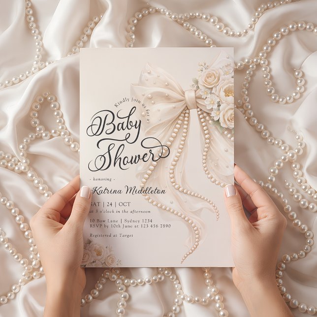 Elegant Pearl White Bow Floral Baby Shower Invitation (Creator Uploaded)