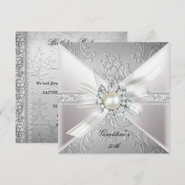 Elegant Pearl White Silver 50th Birthday Party Invitation (Front/Back)