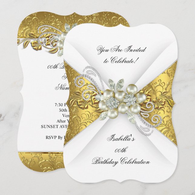 Elegant Pearl Yellow Gold White Diamond Birthday Invitation (Front/Back)