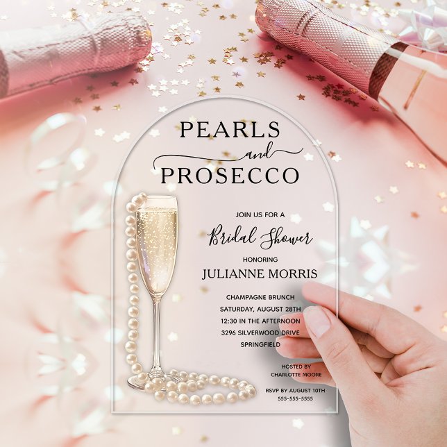 Elegant Pearls and Prosecco Bridal Shower Acrylic Invitations (Pearls and Prosecco arch top bridal shower invitations - order CLEAR or FROSTED acrylic)
