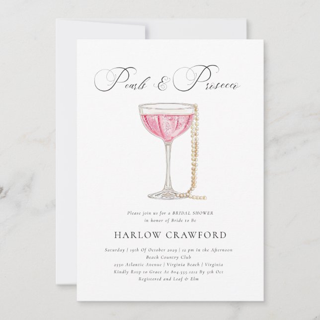 Elegant Pearls and Prosecco  Bridal Shower   Invitation (Front)