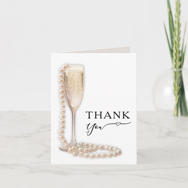 Elegant Pearls and Prosecco Bridal Shower Thank You Card (Front)
