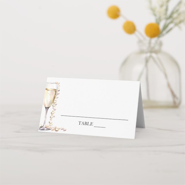 Elegant Pearls and Prosecco Folded Place Card (Front)