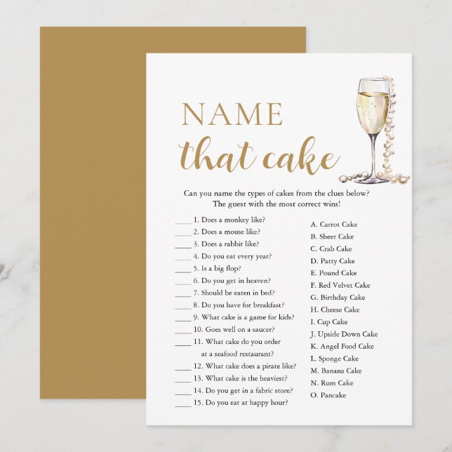 Elegant Pearls and Prosecco Name That Cake Game Invitation (Front/Back)