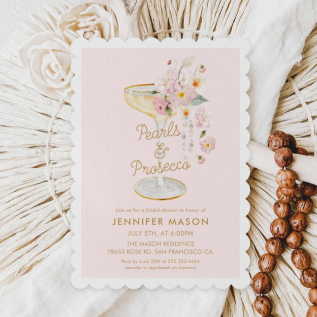 Elegant Pearls and Prosecco Pink Bridal Shower Invitation (Pearls and Prosecco Bridal Shower Invite)