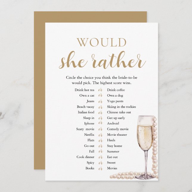 Elegant Pearls and Prosecco Would She Rather Game Invitation (Front/Back)