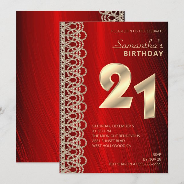 Elegant Pearls and Red Satin Birthday Invitation (Front/Back)