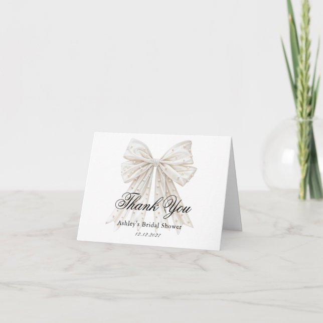 Elegant Pearls Bow Bridal Shower Thank You Card (Front)