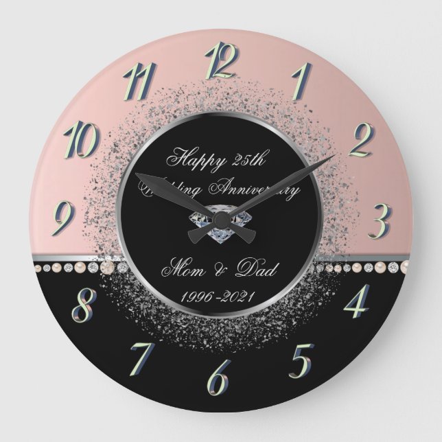 Elegant Pearls Confetti  25th Wedding Anniversary  Large Clock (Front)