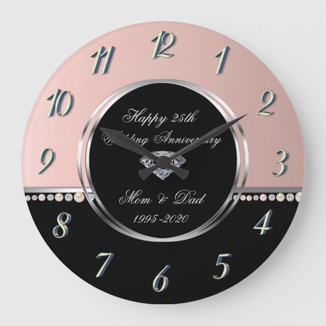 Elegant Pearls Diamonds 25th Wedding Anniversary Large Clock (Front)