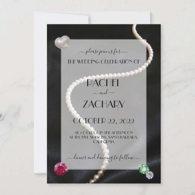 Elegant Pearls & Jewels on Black Satin Wedding (Front)