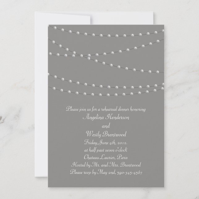 Elegant Pearls on Grey Rehearsal Dinner Invitation (Front)