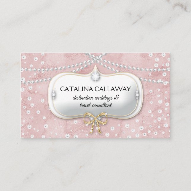 Elegant Pearls Pink Suede Makeup Jewellery Business Card (Front)