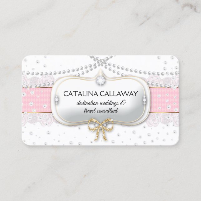 Elegant Pearls Pink White Lace Makeup Jewellery Business Card (Front)
