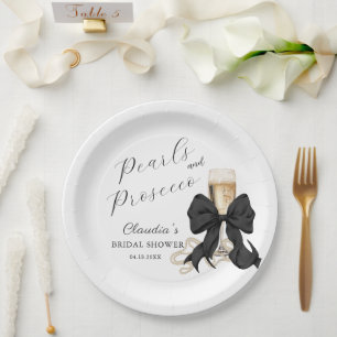 Elegant Pearls & Prosecco Black Bow Bridal Shower Paper Plate