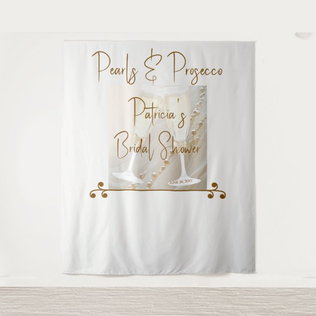 Elegant Pearls & Prosecco Bridal Shower Backdrop Tapestry (Front)