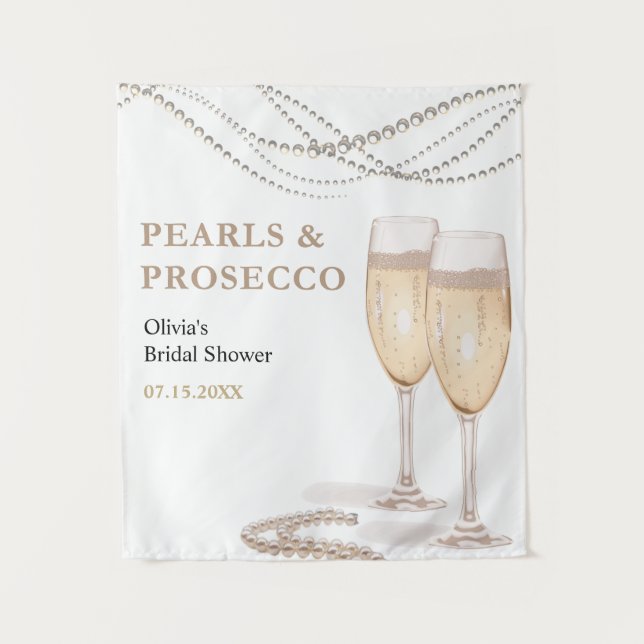 Elegant Pearls & Prosecco Bridal Shower Backdrop Tapestry (Front)