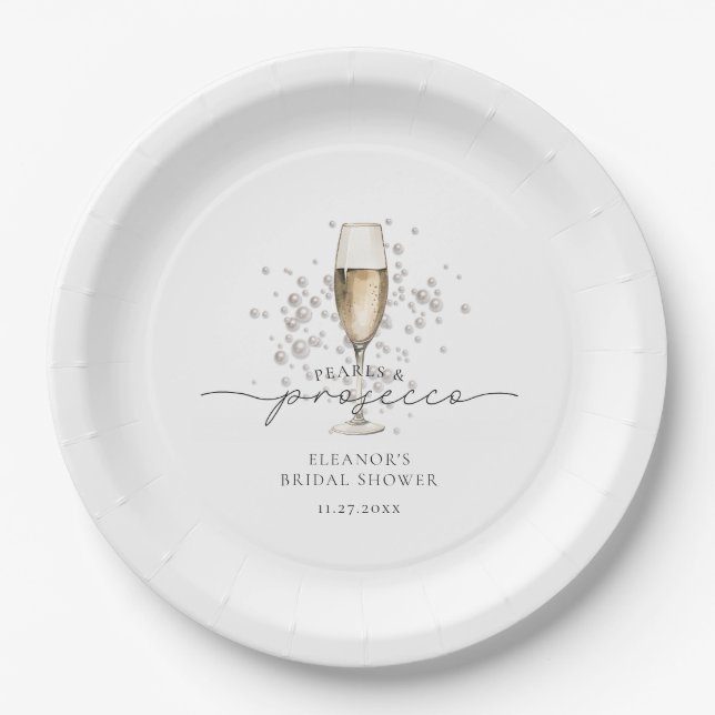 Elegant Pearls & Prosecco Bridal Shower Paper Plate (Front)