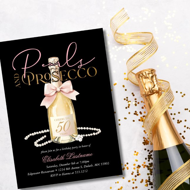 Elegant Pearls & Prosecco Pink Bow 50th Birthday Invitation (Elegant Pearls & Prosecco Pink Bow 50th Birthday Invitation)