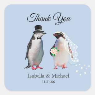 Elegant Penguin Couple Thank You Wedding  Classic  Square Sticker