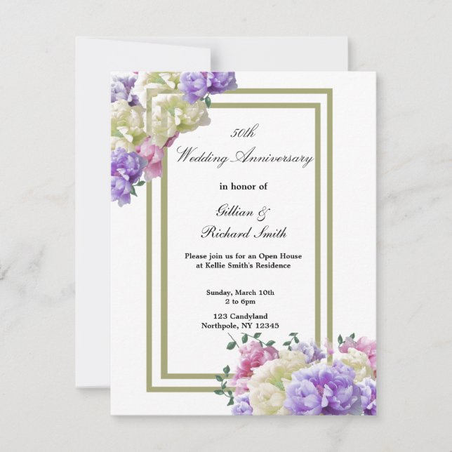 Elegant Peonies Floral 50th Anniversary Invitation (Front)