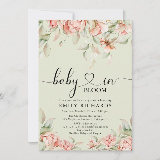 Elegant peonies floral Baby in Bloom Baby Shower Invitation (Front)