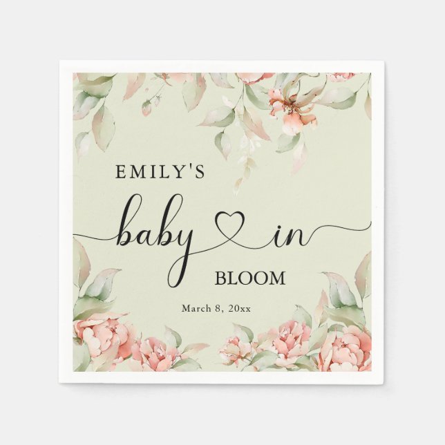 Elegant peonies floral Baby in Bloom Baby Shower Napkin (Front)