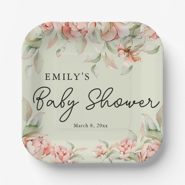 Elegant peonies floral Baby in Bloom Baby Shower Paper Plate (Front)