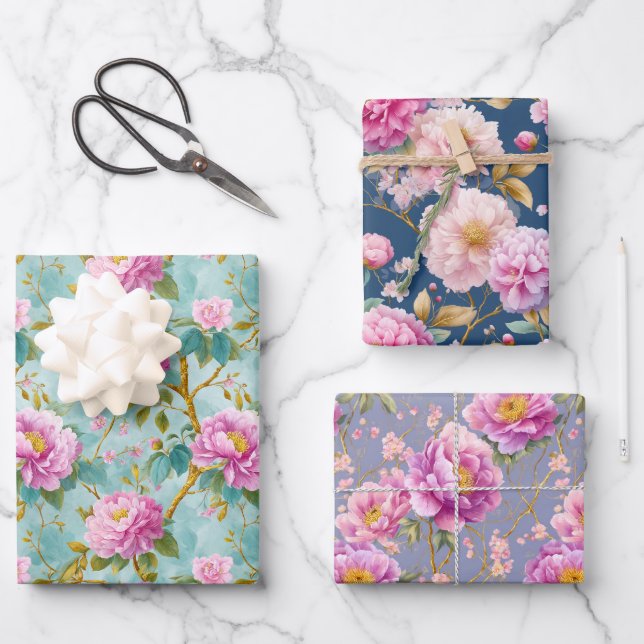 Elegant Peonies Floral Gift Wrapping Paper Sheet (Front)