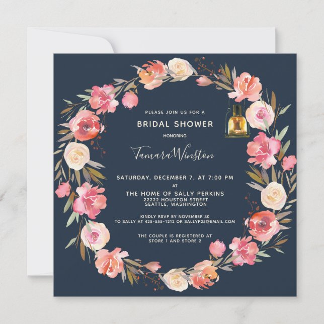 Elegant Peonies Floral Lanterns Navy Bridal Shower Invitation (Front)