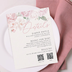 Elegant Peonies Girl Baby Shower Details 2 QR Code Enclosure Card
