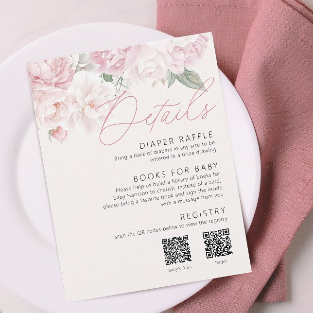 Elegant Peonies Girl Baby Shower Details 2 QR Code Enclosure Card (Elegant Peonies Girl Baby Shower Details 2 QR Code Enclosure Card)