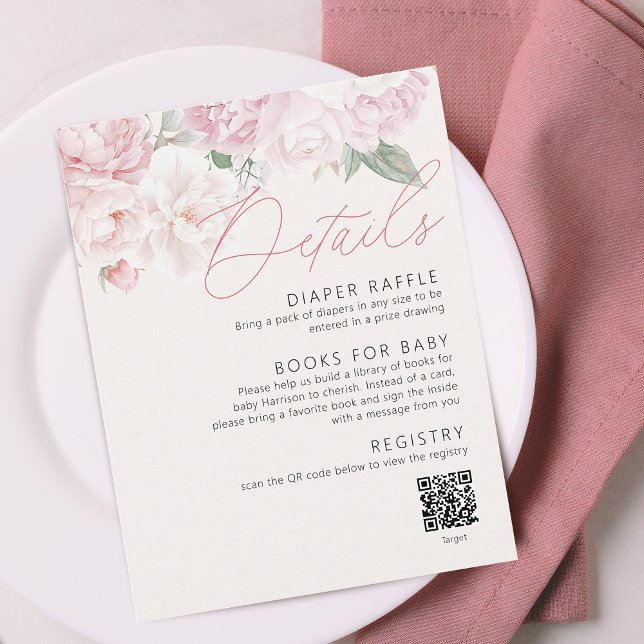 Elegant Peonies Girl Baby Shower Details QR Code Enclosure Card (Elegant Peonies Girl Baby Shower Details QR Code Enclosure Card)