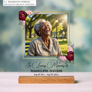 Elegant Peonies Gold Frame Photo Funeral Acrylic Sign