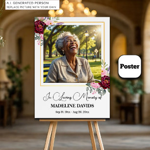 Elegant Peonies Gold Frame Photo Funeral  Poster