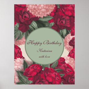 Elegant Peonies. Happy Birthday. Personalised Poster