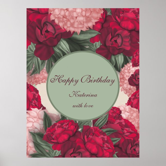 Elegant Peonies. Happy Birthday. Personalised Poster (Front)