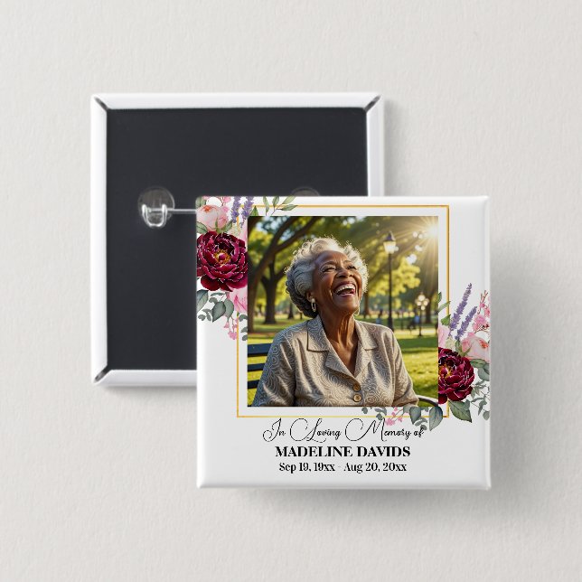 Elegant Peonies Photo Funeral Keepsake  15 Cm Square Badge (Front & Back)