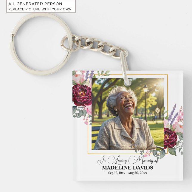 Elegant Peonies Photo Funeral Keepsake  Key Ring (Creator Uploaded)