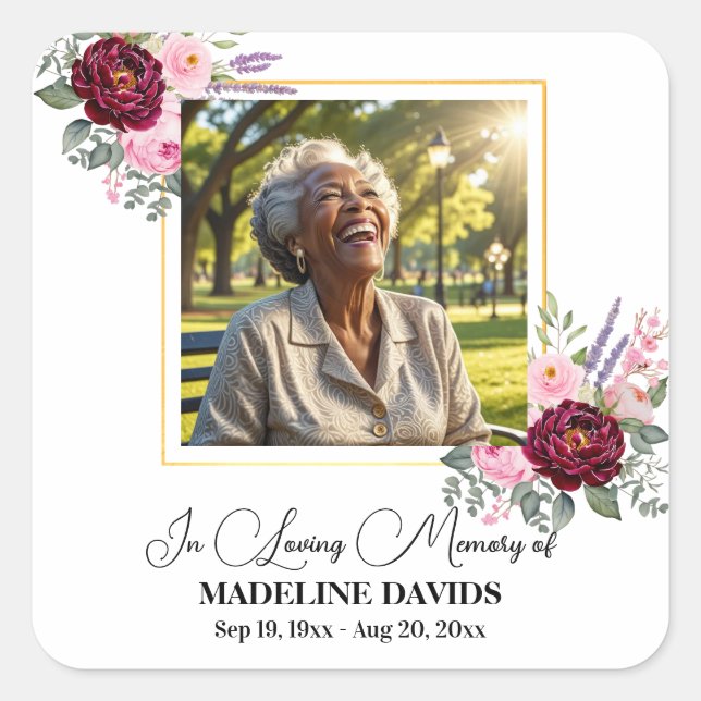 Elegant Peonies Photo Funeral Square Sticker (Front)