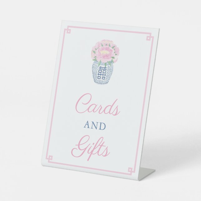 Elegant Peonies Pink And Blue Wedding Cards Gifts Pedestal Sign (Front)